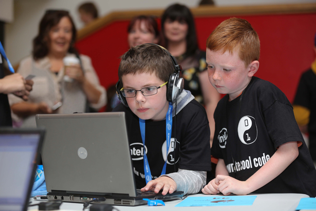  Ethan Whelan from Lucan and Ryan Sheridan from Finglas pictured taking part in the CoderDojo Coolest Projects gala at DCU on Saturday. Credit: Conor McCabe Photography