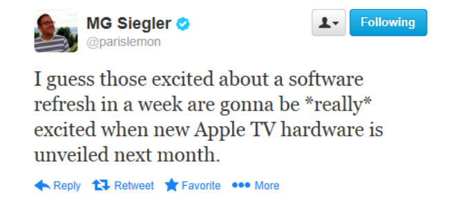 MG Siegler tweet, apple tv