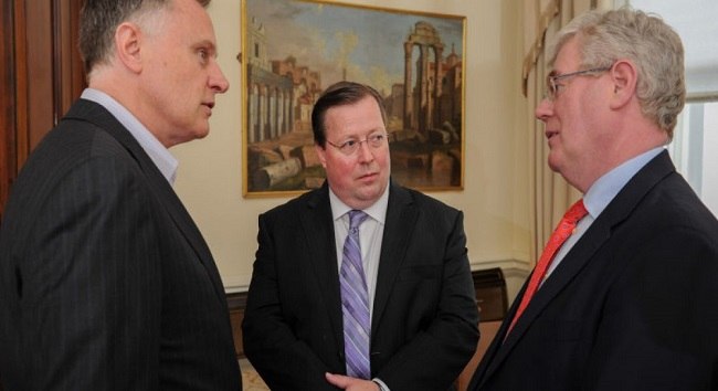 Taken in 2013: Former Daybreak chairman John Hartnett (left) with Kevin Barrett (centre) and former Tánaiste Eamon Gilmore. Image: Daybreak