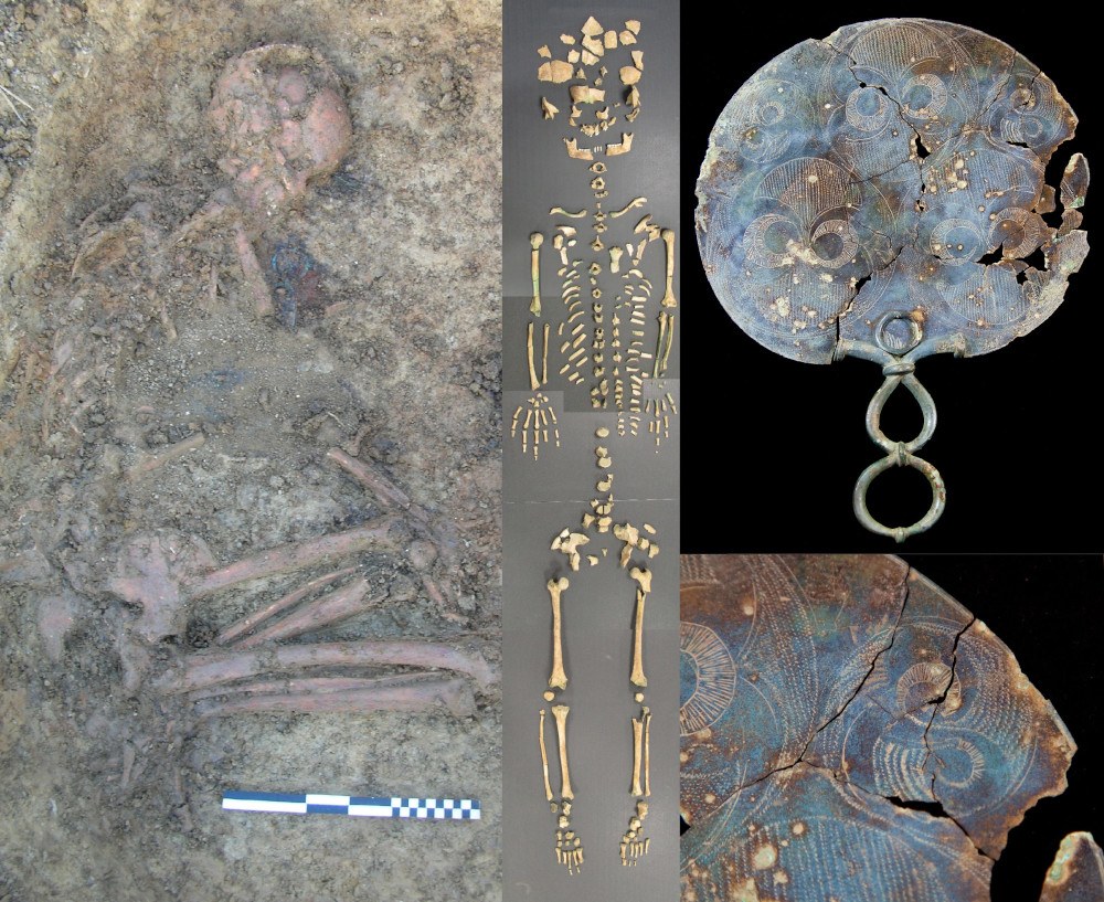 Durotrigian burial of a young woman from Langton Herring sampled for DNA. She was buried with a mirror (right panels) and jewellery, including a Roman coin amulet showing a female charioteer representing victory.