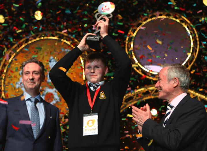 Shay Walsh, managing director, BT Ireland, Shane Curran, winner of 2017 BT Young Scientist and Technology Exhibition and Minister for Education and Skills, Richard Bruton, TD. Image: Connor McKenna