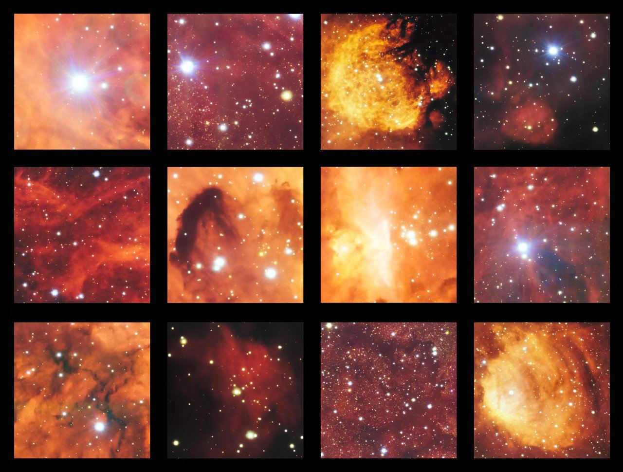 This montage shows a few of the highlights from ESO’s latest survey of the Cat’s Paw and Lobster nebulas. This part of the sky contains active regions of star formation where hot young stars make their surrounding clouds of hydrogen glow with a characteristic red colour. There are also clouds of dark dust in this rich celestial landscape. Image: ESO