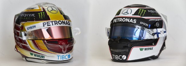 TIBCO’s partnership with Mercedes Benz Formula 1 means the company features on the helmets of Lewis Hamilton (left) and Valtteri Bottas. Image: Daimler AG/Steve Etherngton