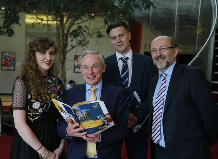 Minister Richard Bruton, TD (centre), and DCU president Prof Brian MacCraith (right) pictured with DCU students at the launch of the university’s five-year strategic plan. Image: Nick Bradshaw