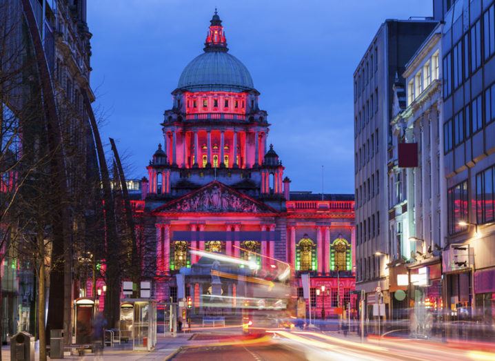 Illuminated Belfast City Hall at evening. Belfast, Northern Ireland