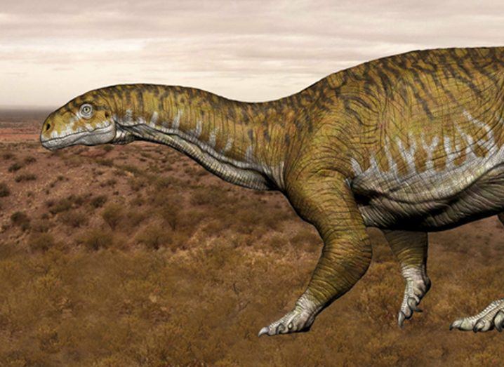 An artist’s impression of Ingentia prima, a giant herbivorous dinosaur with a long neck, superimposed on a photograph of the fossil site in Argentina