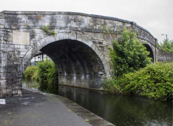 Side view of a stone bridge extending over the Royal Canal, Dublin