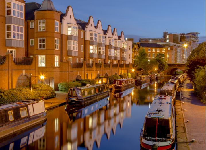 A view of the Birmingham canals with barges.