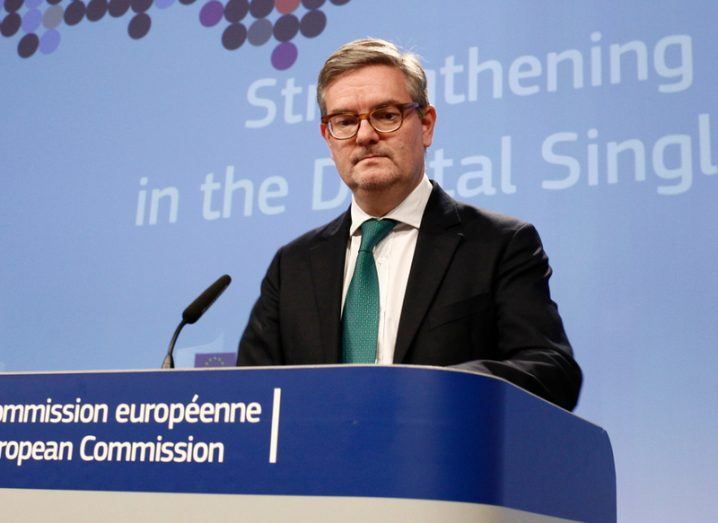 EU Commissioner for Security, Julian King, at a press conference in Europe.