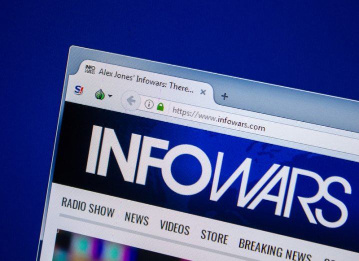 InfoWars website open in an internet browser window.