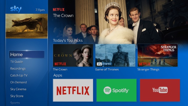 Image of Sky electronic programme guide with apps including Netflix, Spotify and YouTube.