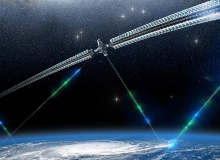 Concept of a space elevator network in orbit with different entry points.