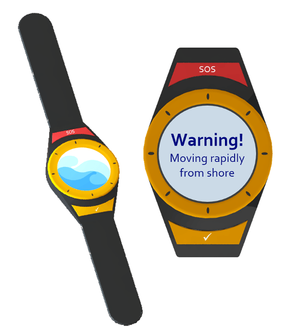 animation of seabeacon equipment including a watch and a close-up of the watch face with a warning sign displayed on it.