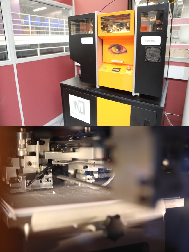 Split-screen of a large 3D printing machine and inside the machinery at work.