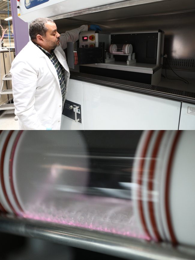 Split-screen of a scientist operating a large machine and inside the machine is a clear cylindrical container of material undergoing treatment.