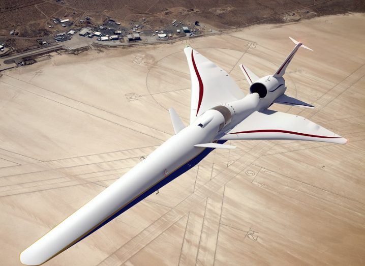 Illustration of the X-59 supersonic jet above NASA's Armstrong Flight Research Center in California.
