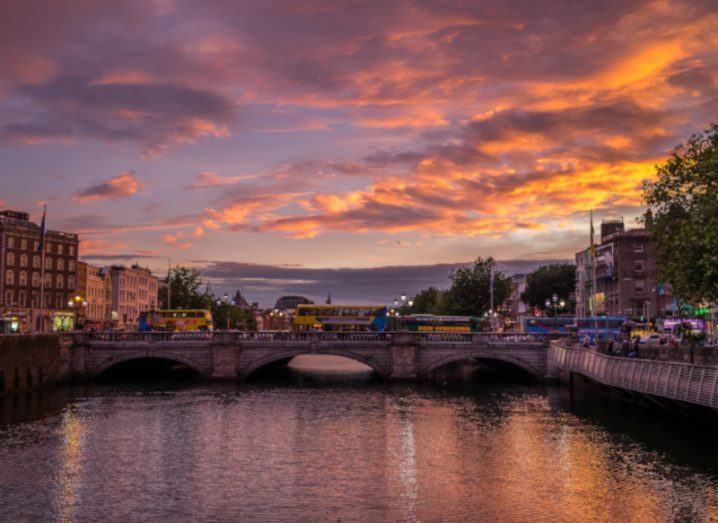 Sunset over O'Connell Bridge in Dublin.