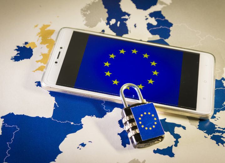 Android phone with EU padlock on a map of Europe.