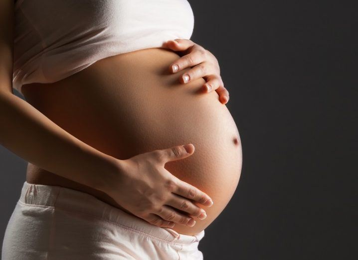 Pregnant woman holding her belly over grey background.