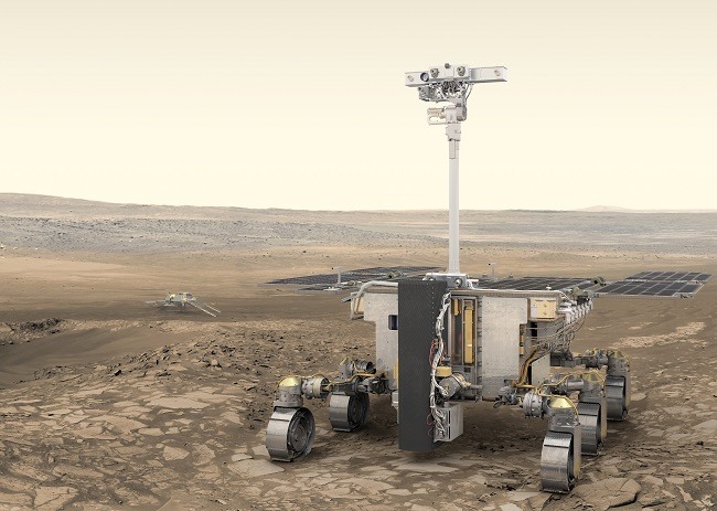 Rendering of the Rosalind rover with extended arm against a desolate Martian surface.