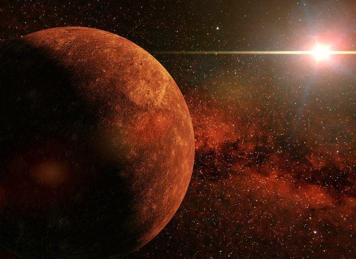 3D render of a large red planet with a nearby star in the background.