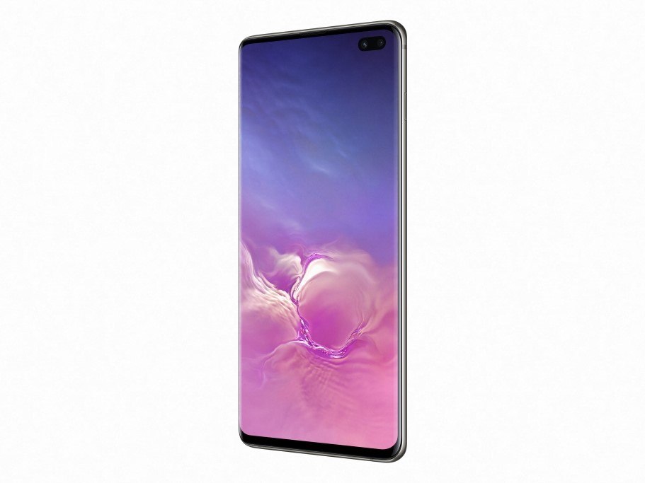 The new Samsung Galaxy S10+ smarpthone with lovely lilac and pink clouds on display.