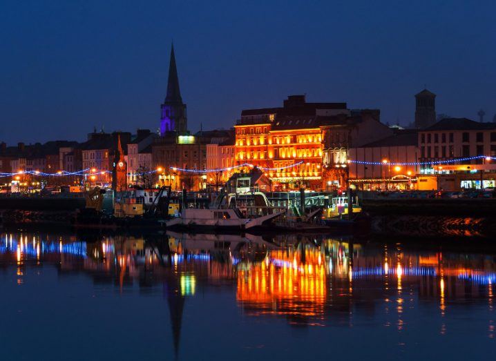 A view of the harbour front in Waterford at night.