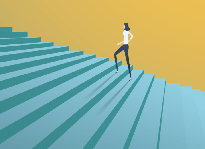 Illustration of a woman walking up a set of blue stairs against a yellow background.