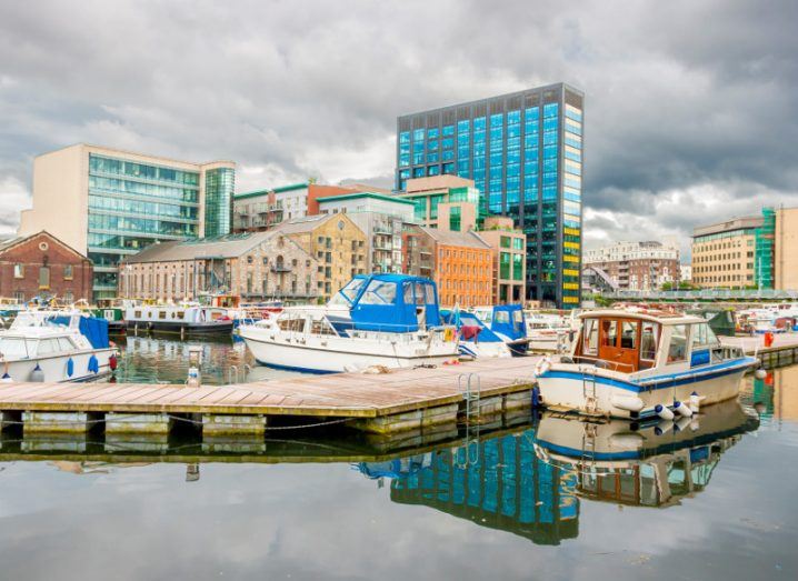Boats at the Grand Canal Dock in Dublin in front of Google's EMEA headquarters.