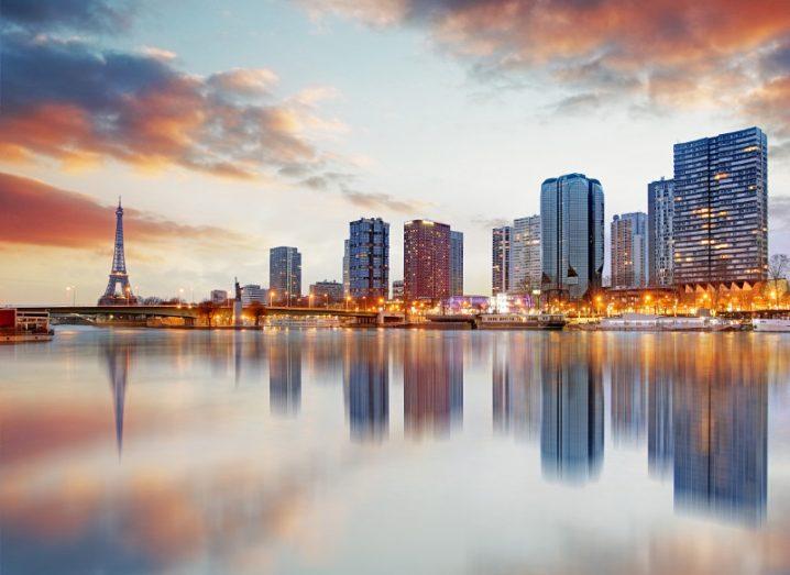 Paris skyline with Eiffel tower in background.