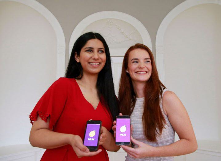 Students Manal Mukhtar and Ellen Le Bas showcasing their app MLN (which is pronounced 'Melon').