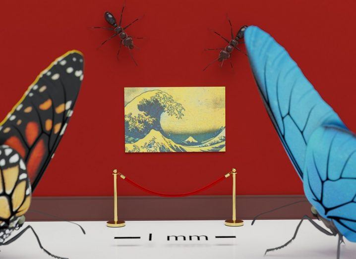 The tiny Great Wave painting behind a velvet rope on a red wall with two butterflies and two ants admiring it.