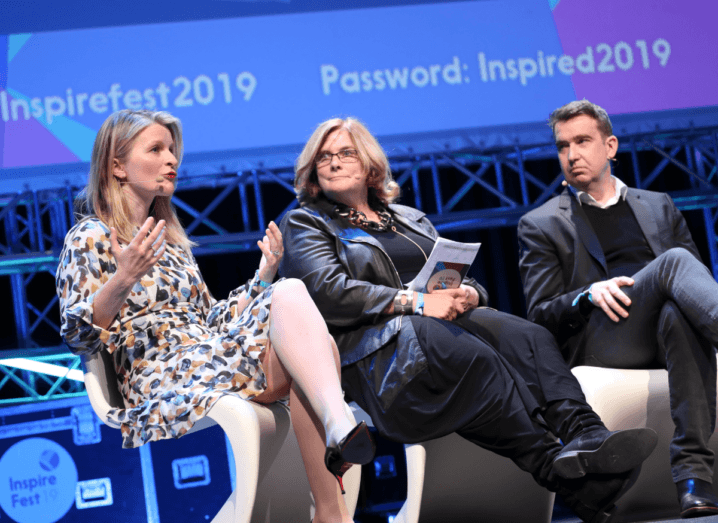 Áine Kerr, Jane Suiter and Mark Little sit onstage at Inspirefest 2019, during the panel on disinformation.