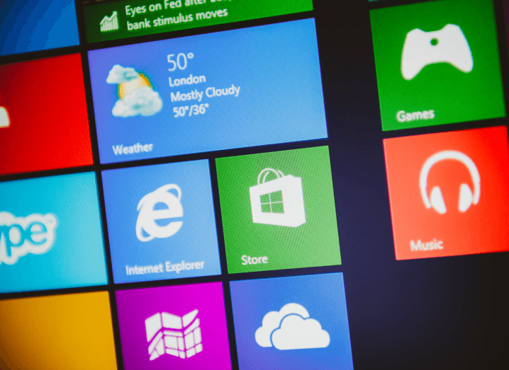 App icons on Microsoft Windows 10 for Internet Explorer, Skype, music, games and the weather forecast.