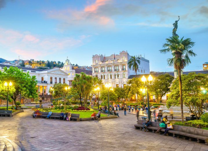 View of plaza in the middle of Quito, capital city of Ecuador.