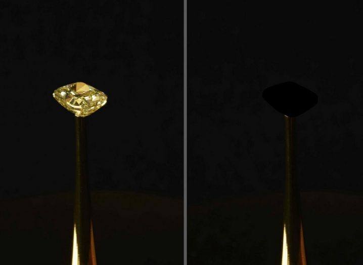 A comparison image of the diamond with and without the new blackest material.