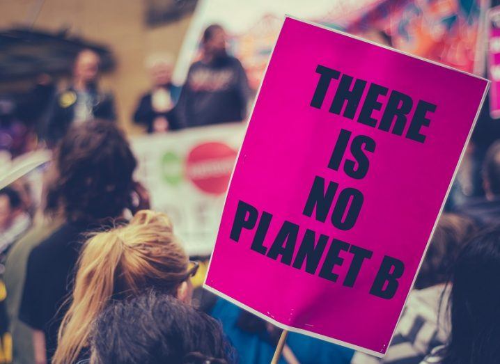 Pink sign at a climate protest that reads there is no planet B.