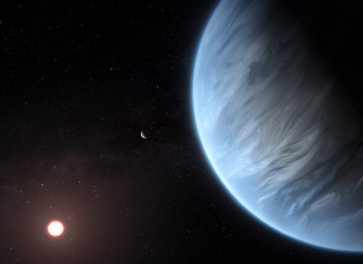 Illustration of a blue planet with a nearby star to the left of it.