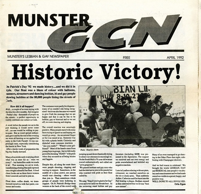 Front page of the Munster GCN newspaper featuring Cork LGBTQ parade.