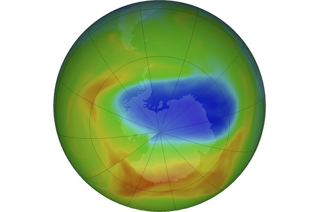 Satellite map showing size of the hole in the ozone layer over Antarctica. 