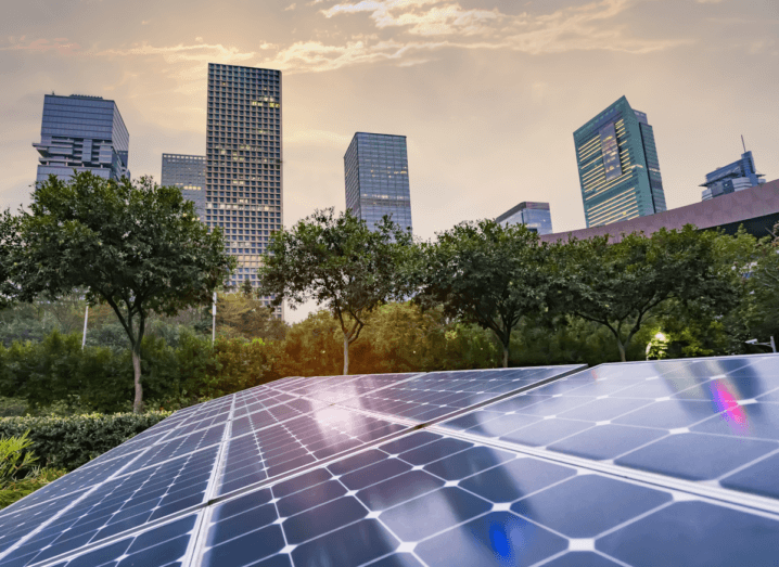 Solar panels among bushes, shrubbery and trees below a number of skyscrapers. The sky above the scene is slightly cloudy.