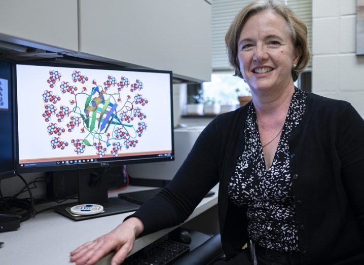 Elizabeth Topp smiling beside a computer screen in a lab.