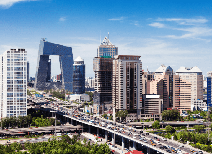 Modern skyscrapers and a motorway between them in Beijing.