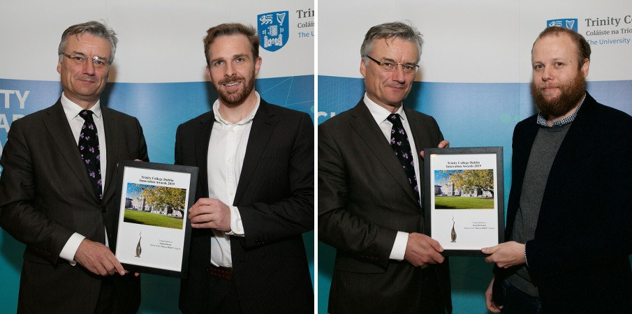 Side-by-side images of the same man presenting framed certificates to two younger men.