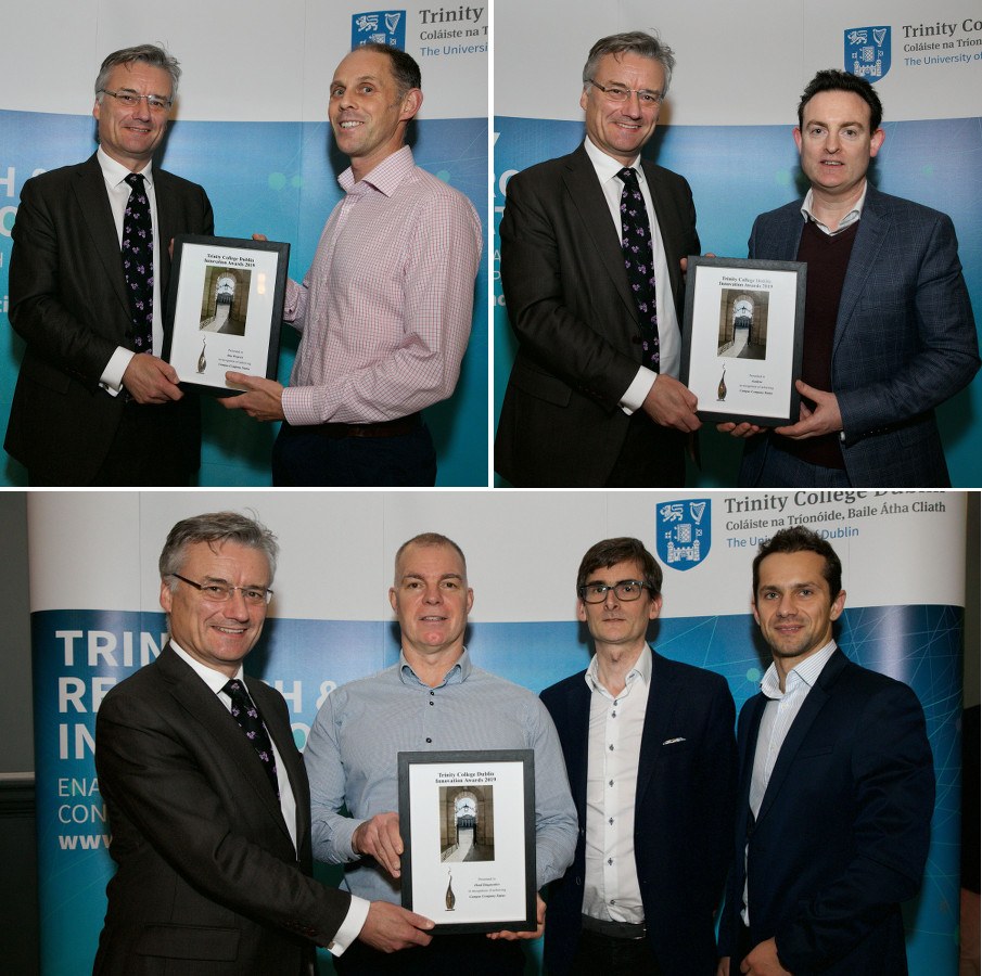 A trio of images of men in suits receiving framed certificates from Patrick Prendergast.