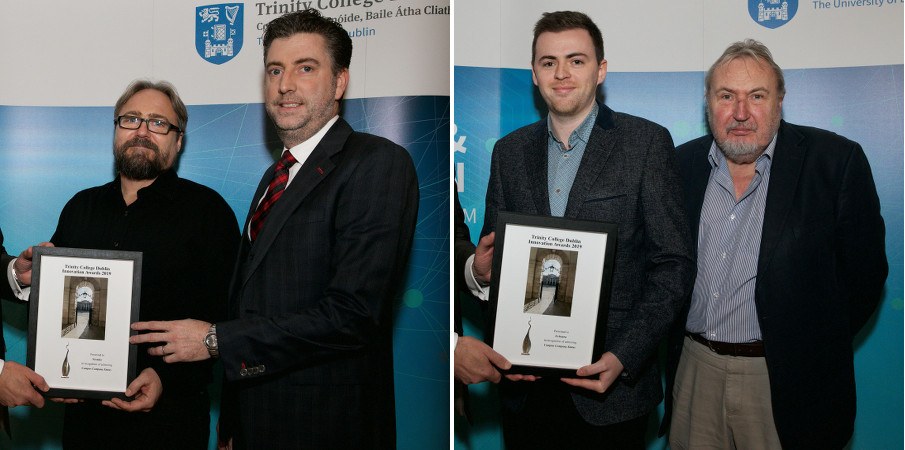 Side-by-side images of groups of two men receiving framed certificates.