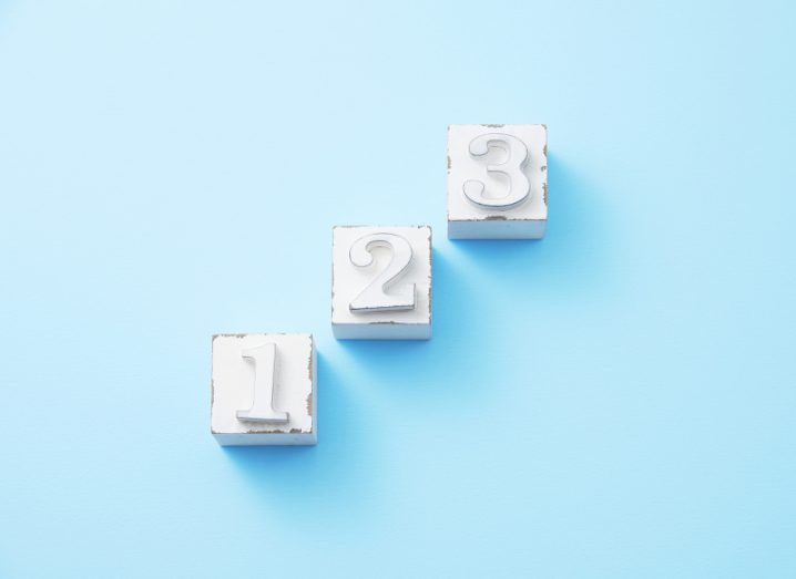 Three white blocks numbered one, two and three, placed in increasing order on a sky-blue background.