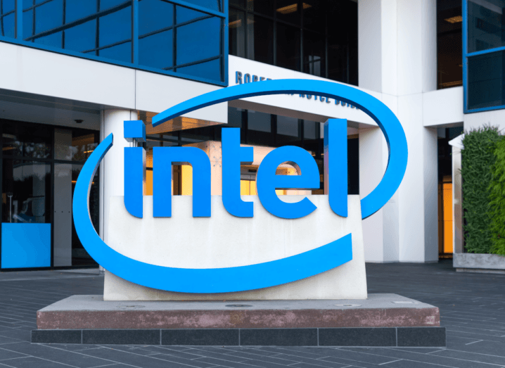 Intel's logo outside of the company's HQ.