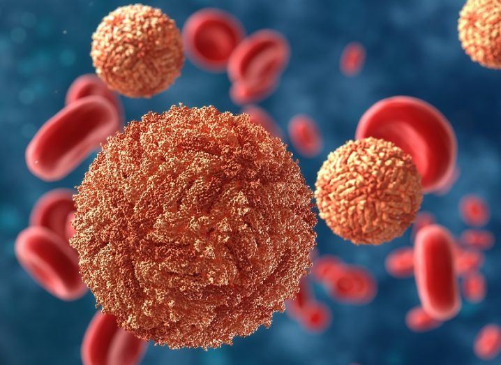 3D render of a virus surrounded by red blood cells against a blue background.