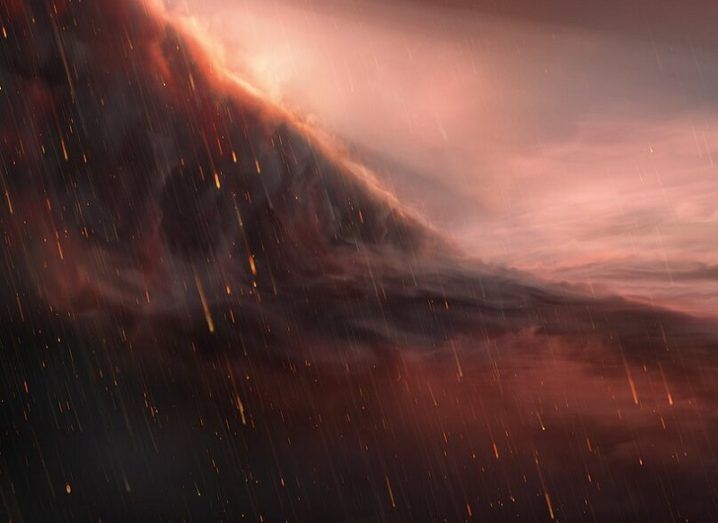 Illustration of WASP-76b with molten iron rain falling against a backdrop of red sky and dark clouds.